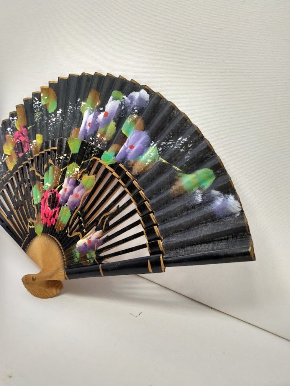 Antique Folding Fan Hand Painted Fabric Carved Wood Ribs Black with Floral - Picture 2 of 16